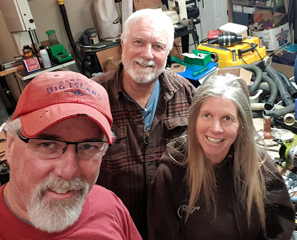 Jeff, N6JWT, George, N6GEO, and Ginger, KM6RFT, in George's shop and radio shack.