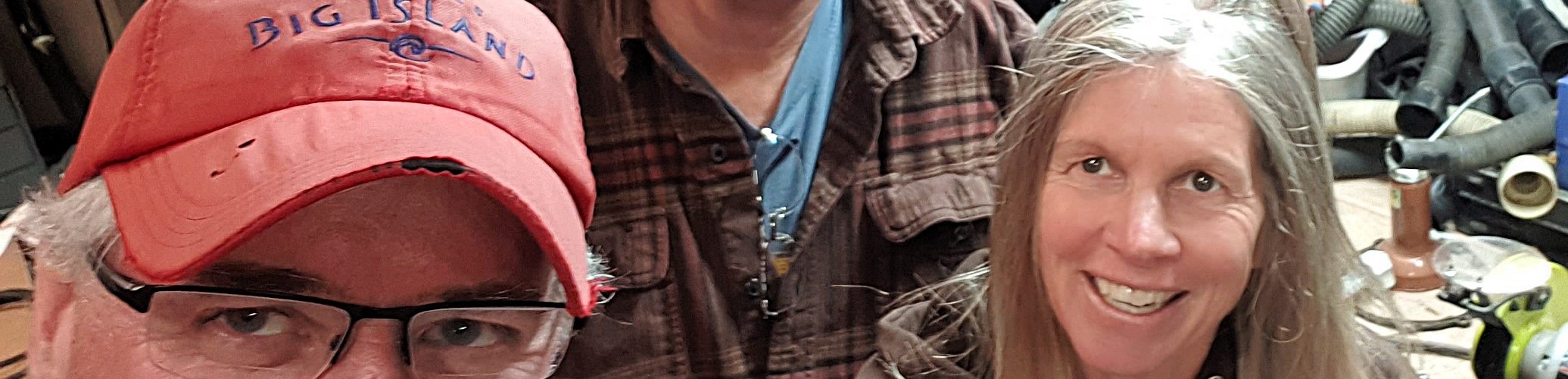 Jeff, N6JWT, George, N6GEO, and Ginger, KM6RFT, in George's shop and radio shack.