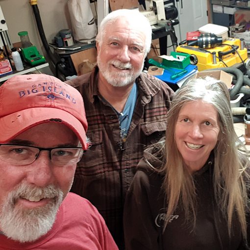 Jeff, N6JWT, George, N6GEO, and Ginger, KM6RFT, in George's shop and radio shack.